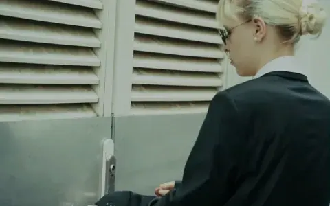 Agent in sunglasses by a grey louvred door