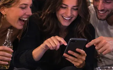 Laughing friends looking at a phone together