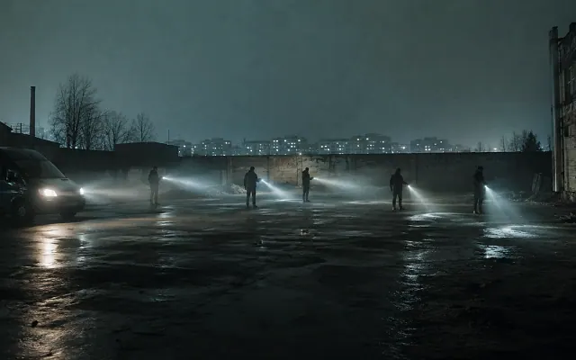 Search teams with torches during a night operation
