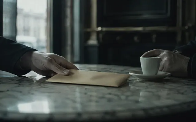 Handover of a sealed envelope at a coffee-house table