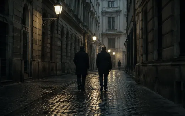Pursuit through a rain-soaked alley at dusk
