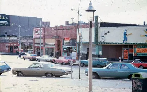 Street scene with 1970s cars
