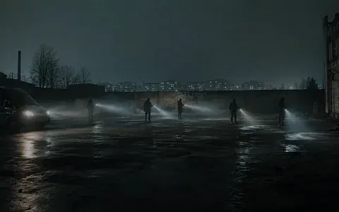 Team with torches on a wet square at night