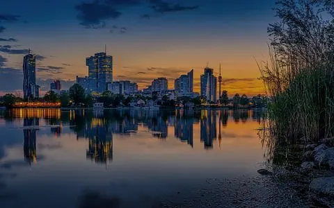 Vienna skyline by the Old Danube at dusk