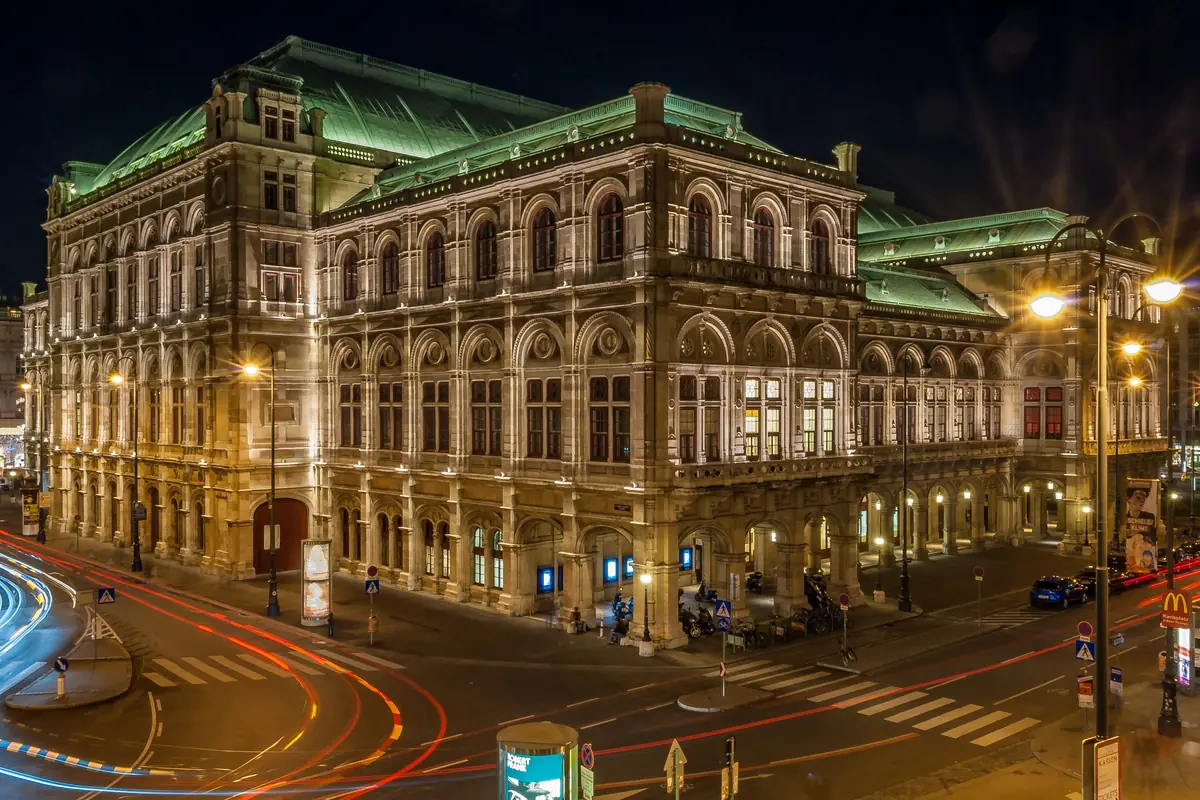 The Vienna State Opera at night, with light trails of passing traffic
