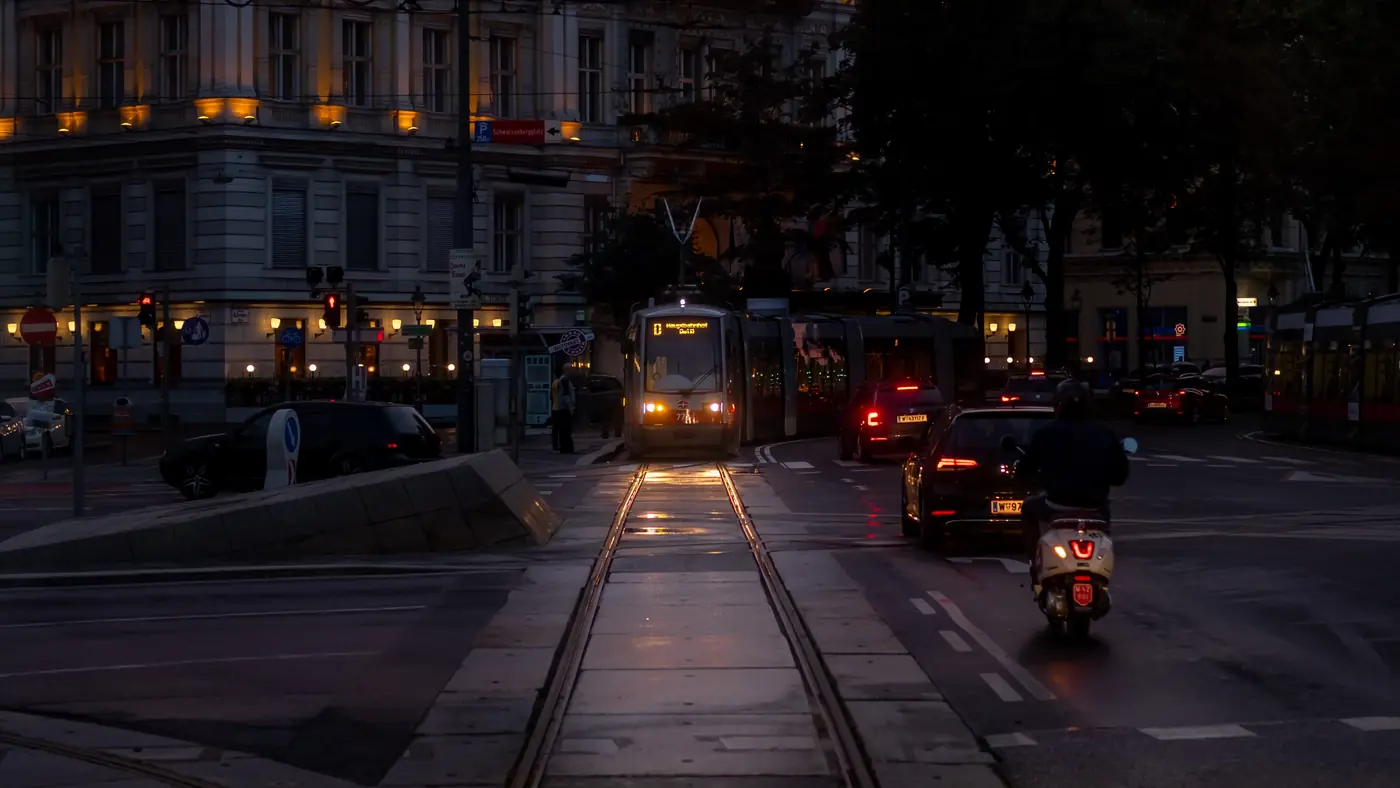 A tram on Vienna's Ringstrasse at dusk